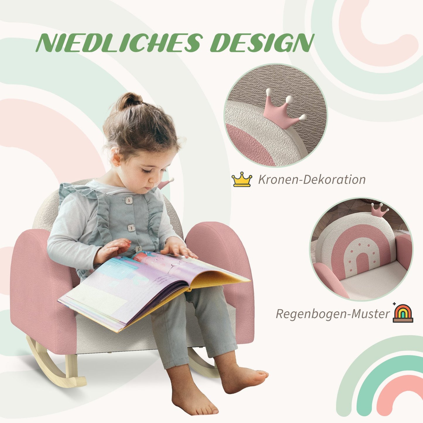 Children's rocking chair, velvet, pink, crown and rainbow decor