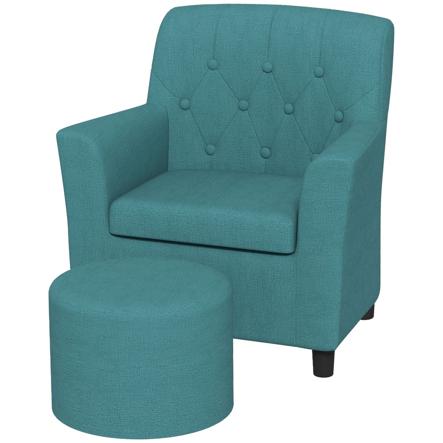 Children's armchair and sofa with footstool, blue linen