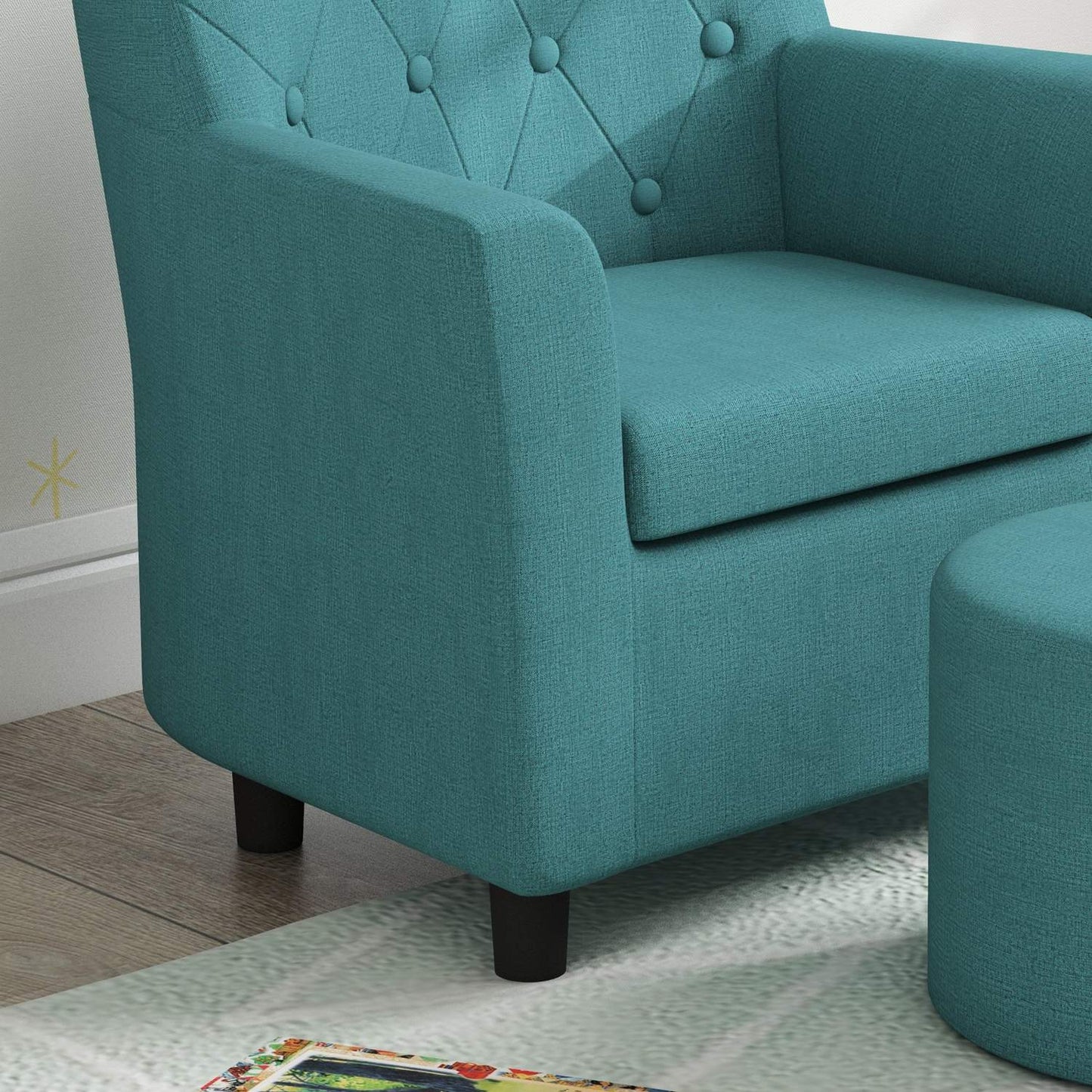 Children's armchair and sofa with footstool, blue linen