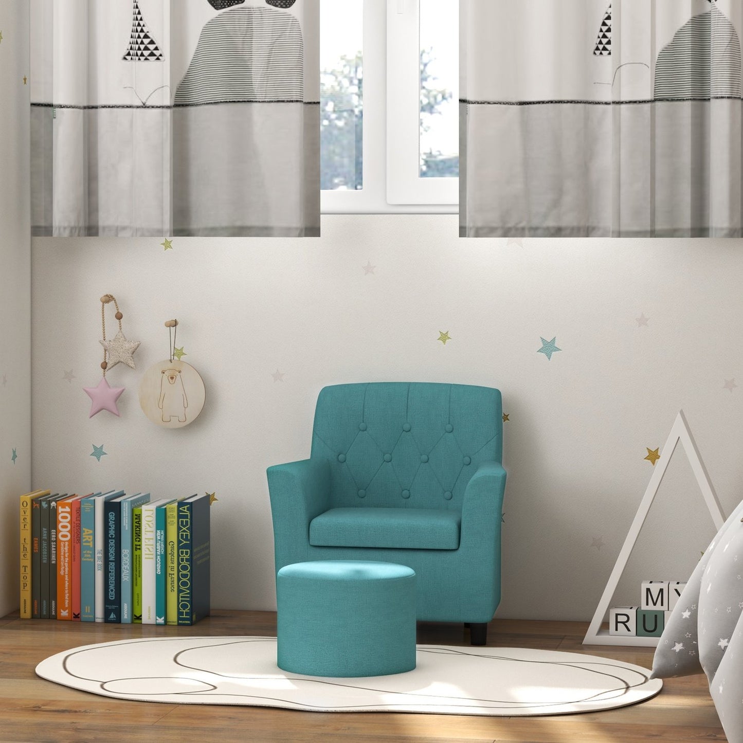 Children's armchair and sofa with footstool, blue linen