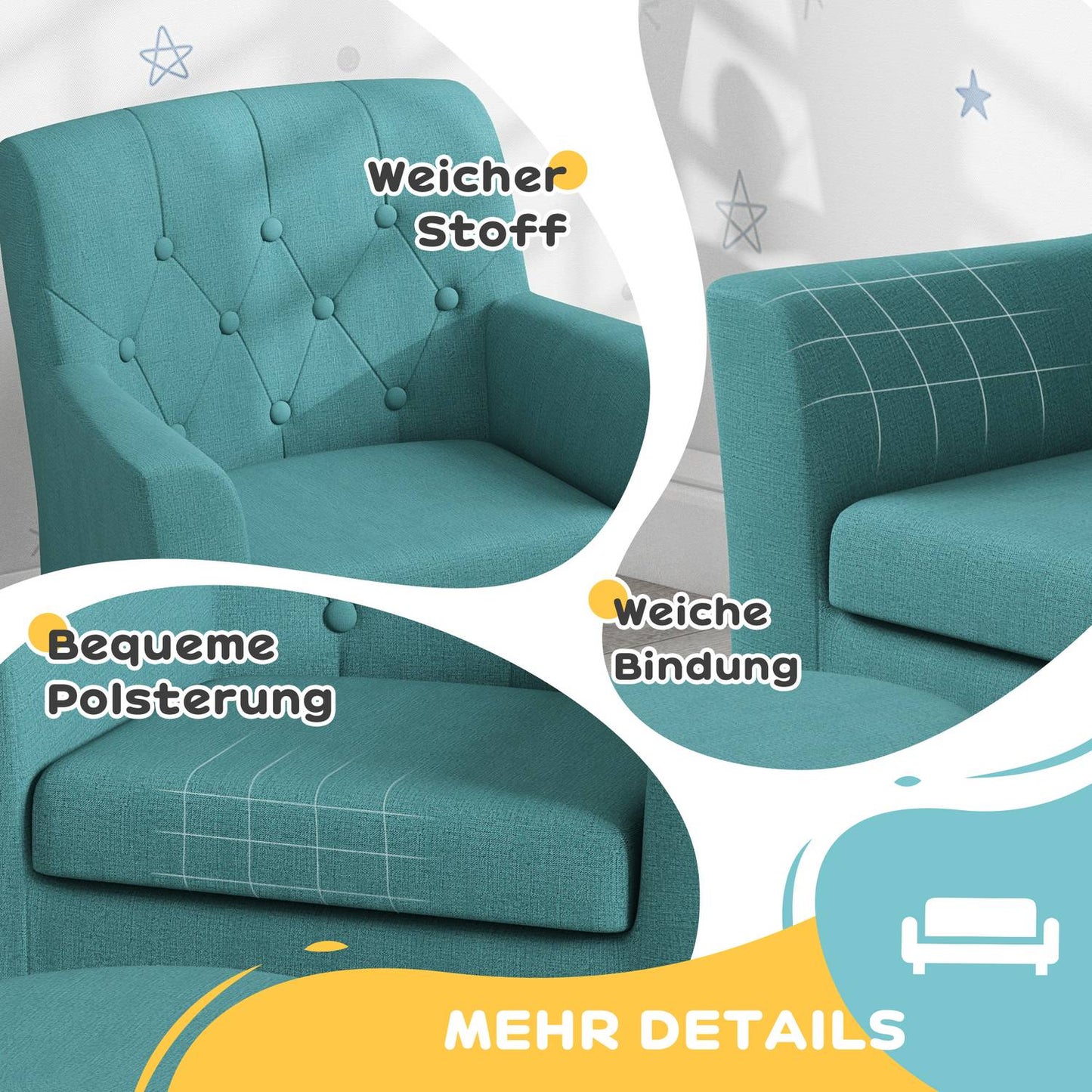 Children's armchair and sofa with footstool, blue linen