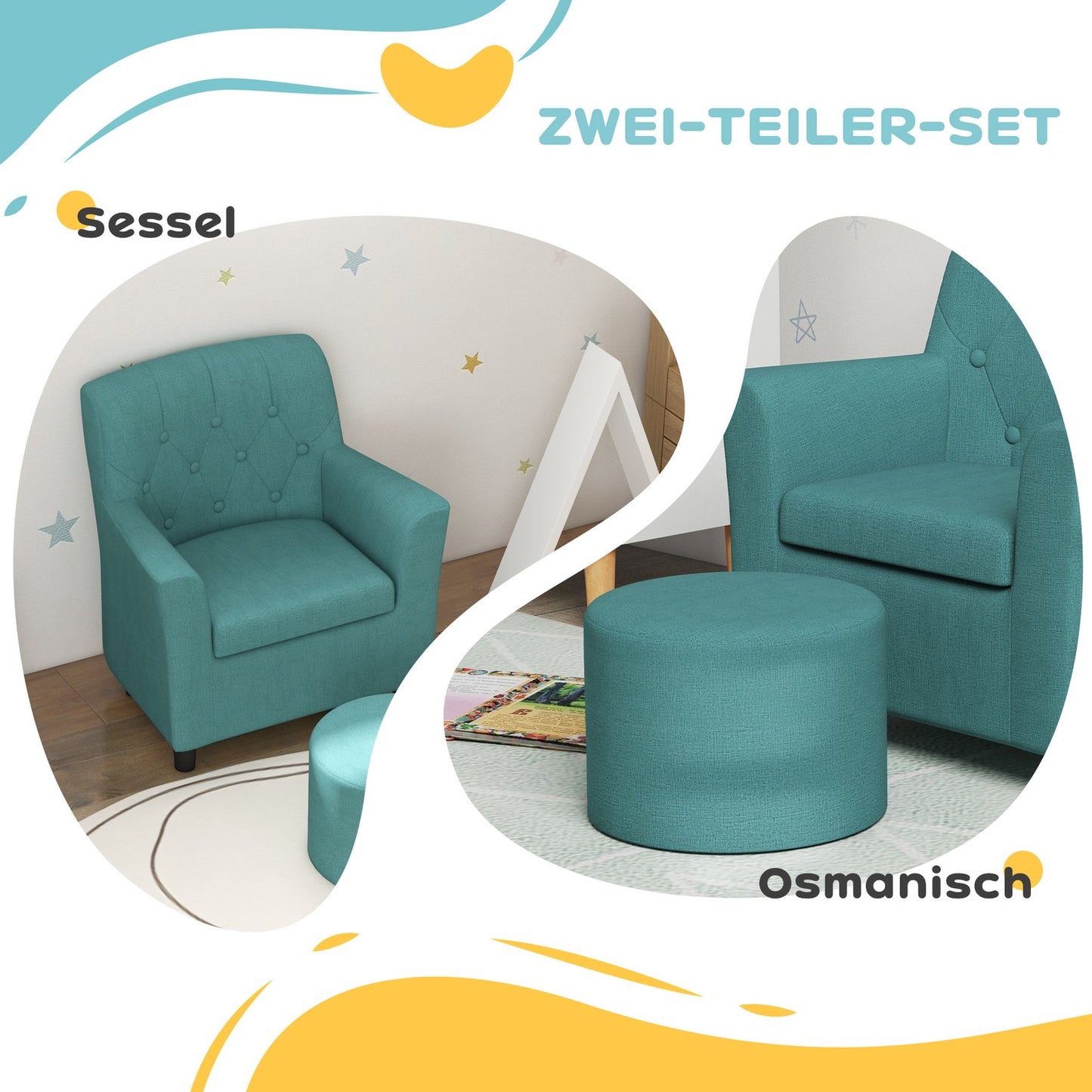 Children's armchair and sofa with footstool, blue linen