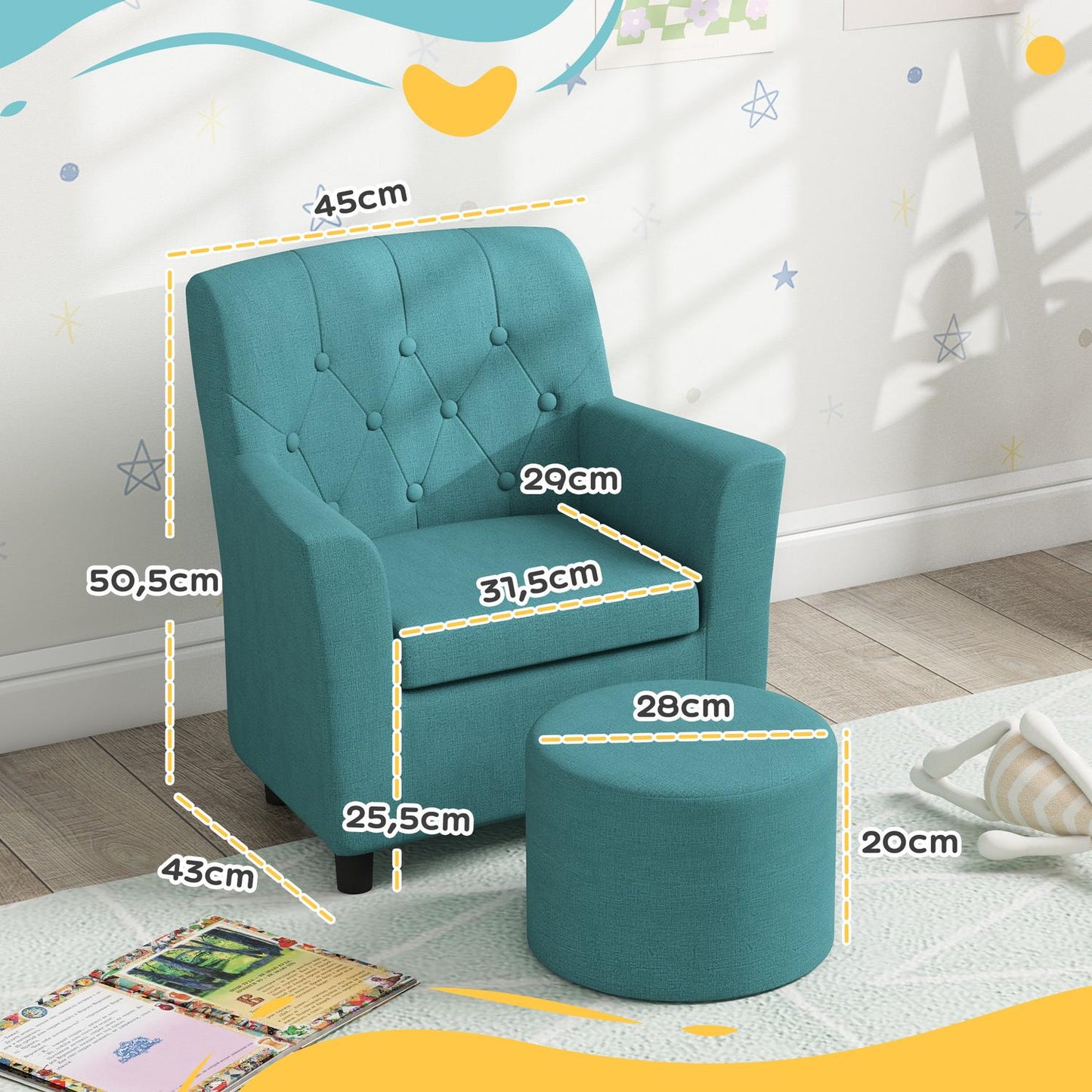 Children's armchair and sofa with footstool, blue linen