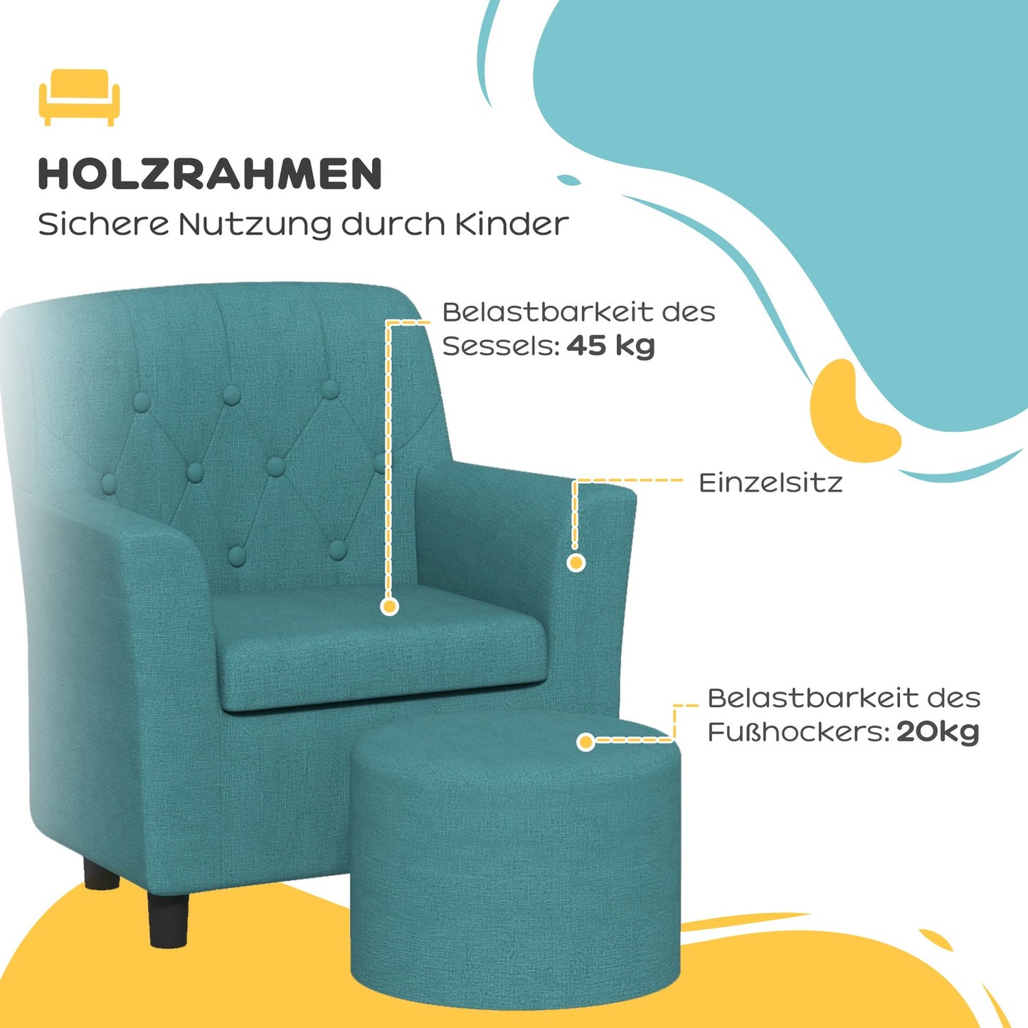 Children's armchair and sofa with footstool, blue linen