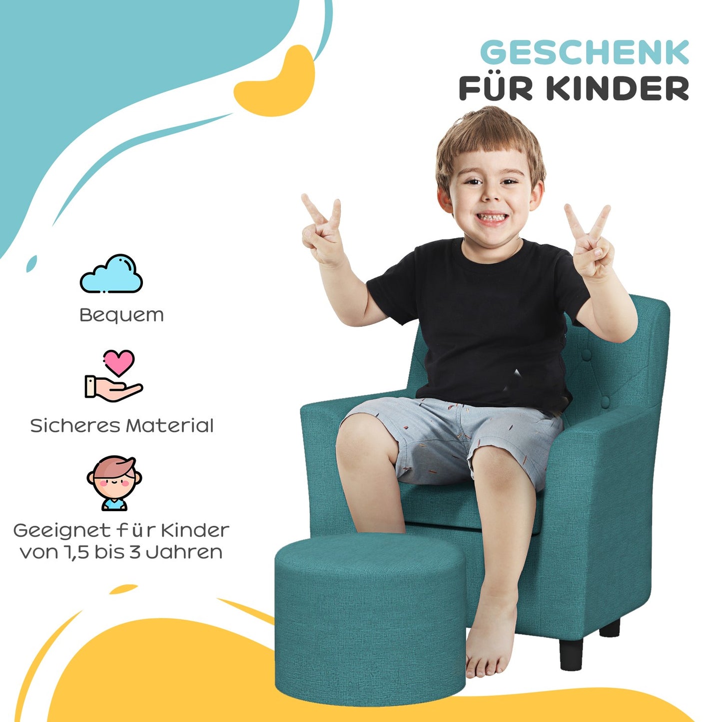 Children's armchair and sofa with footstool, blue linen