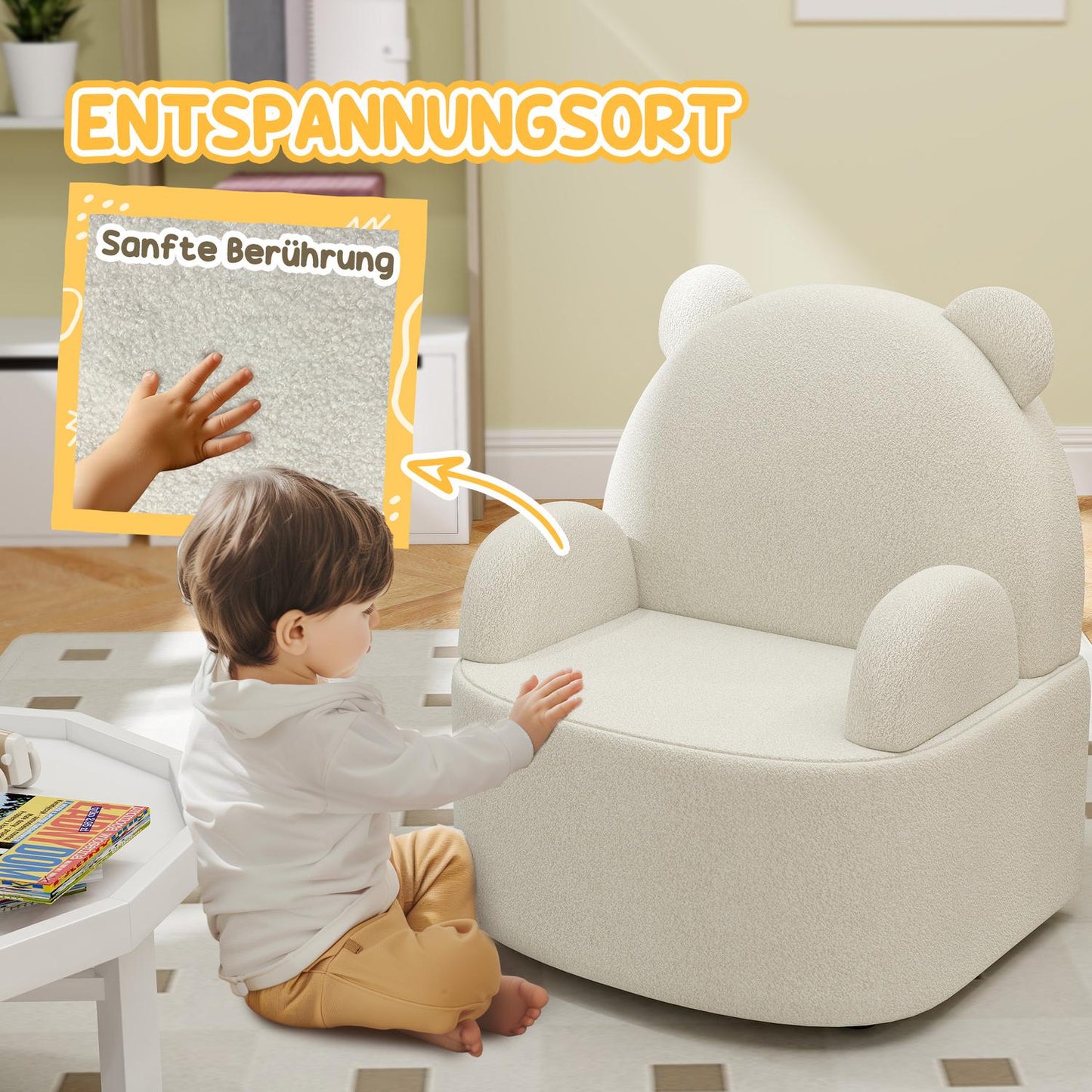 Bear-shaped armchair for children, Soft Teddy Fleece, Beige