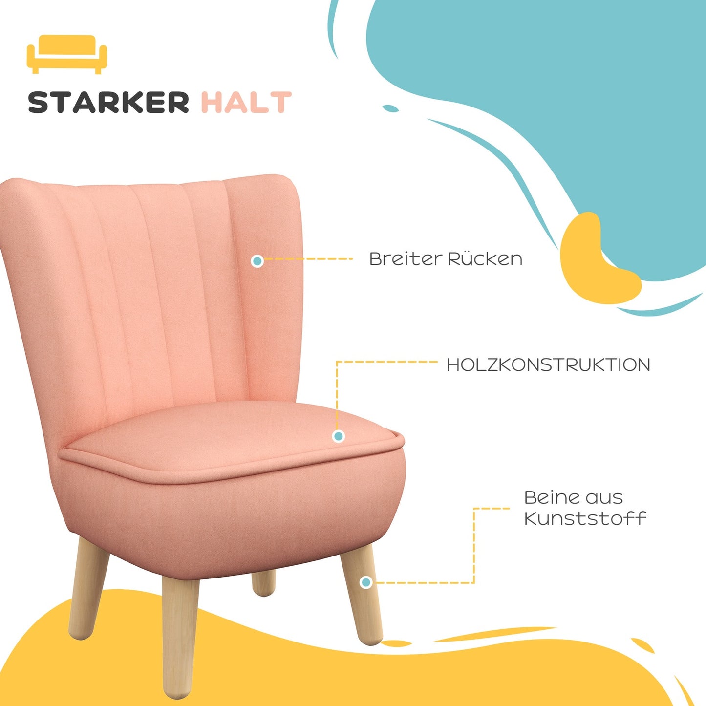 Pink Velvet Children's armchair, 3-7 years, wooden legs