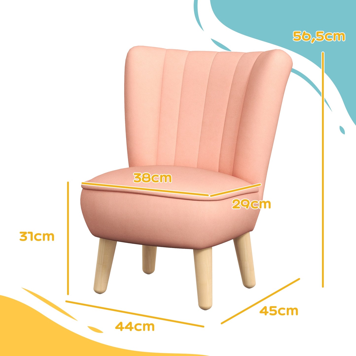Pink Velvet Children's armchair, 3-7 years, wooden legs