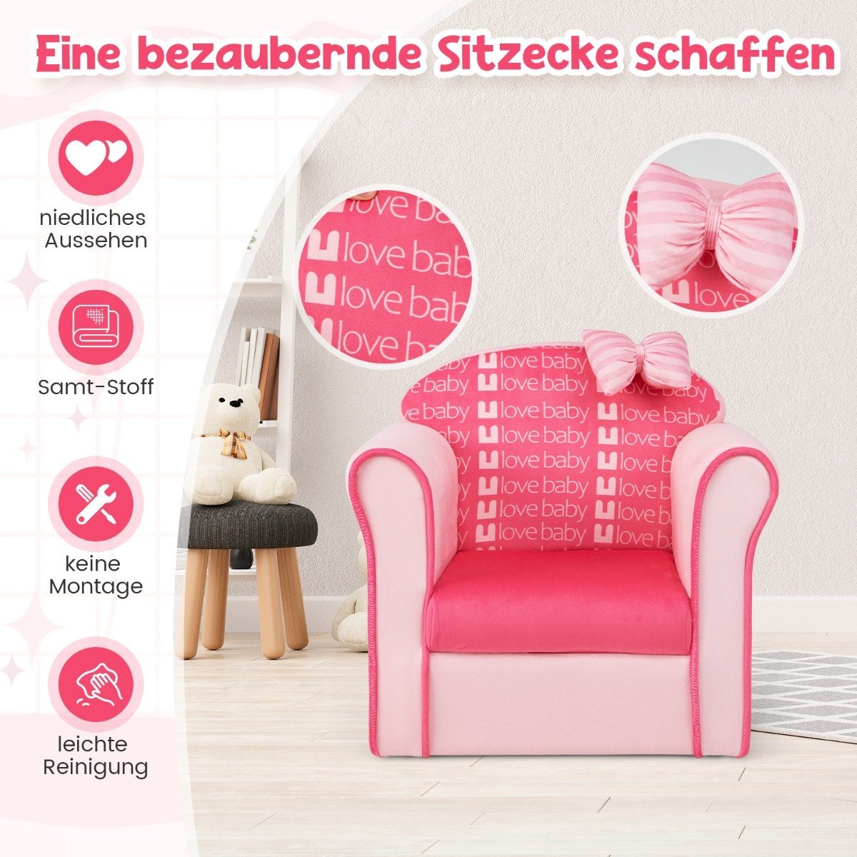 Children's armchair with backrest & armrests & cute patterns & foam children's sofa pink