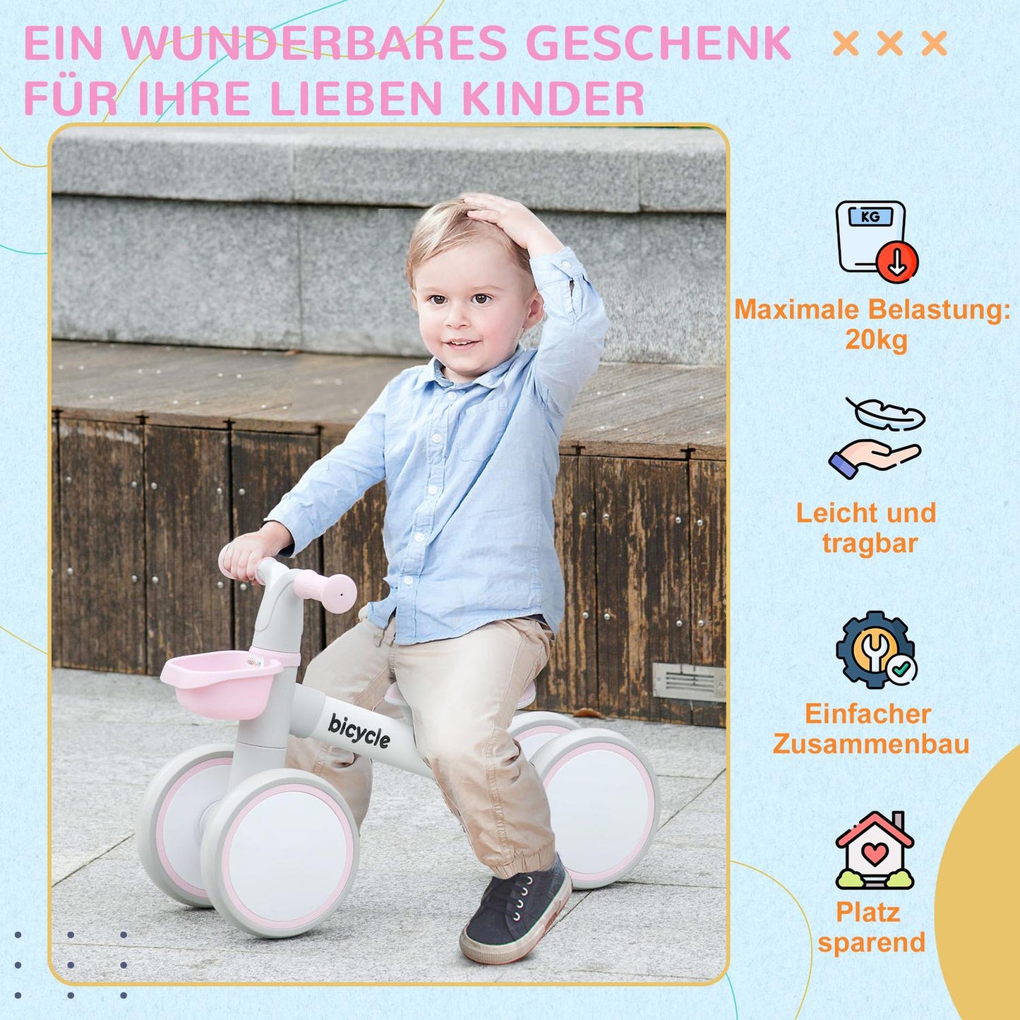 Balance bike for toddlers, Pink/White, TPU wheels without screws