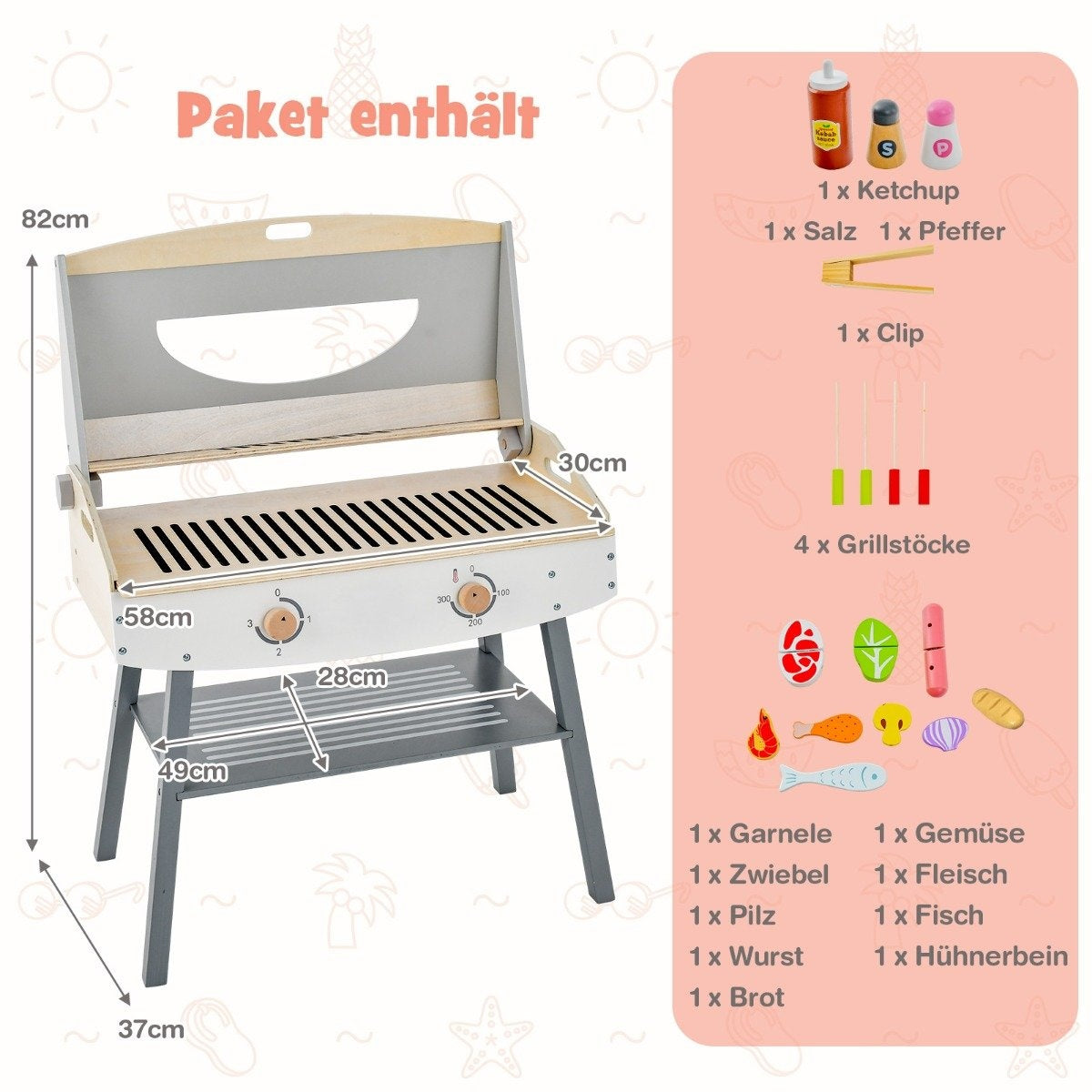 Children's barbecue play set, wooden play kitchen with bracket, 4 BBQ rods, toy barbecue set