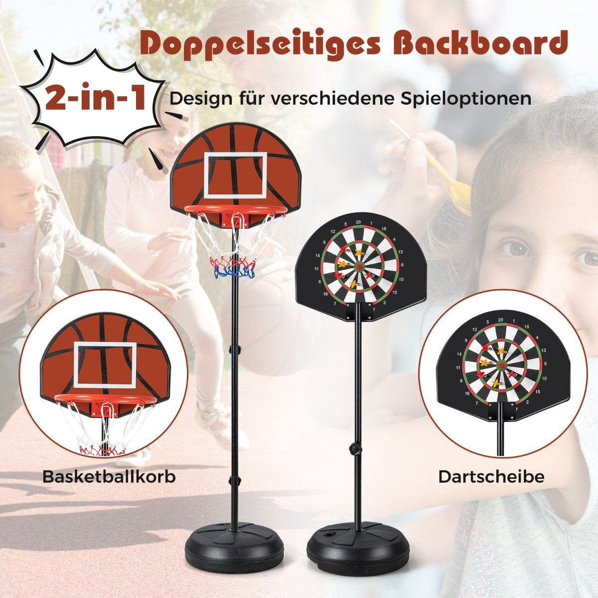Children's basketball hoop with dartboard & 6 darts basketball stand black
