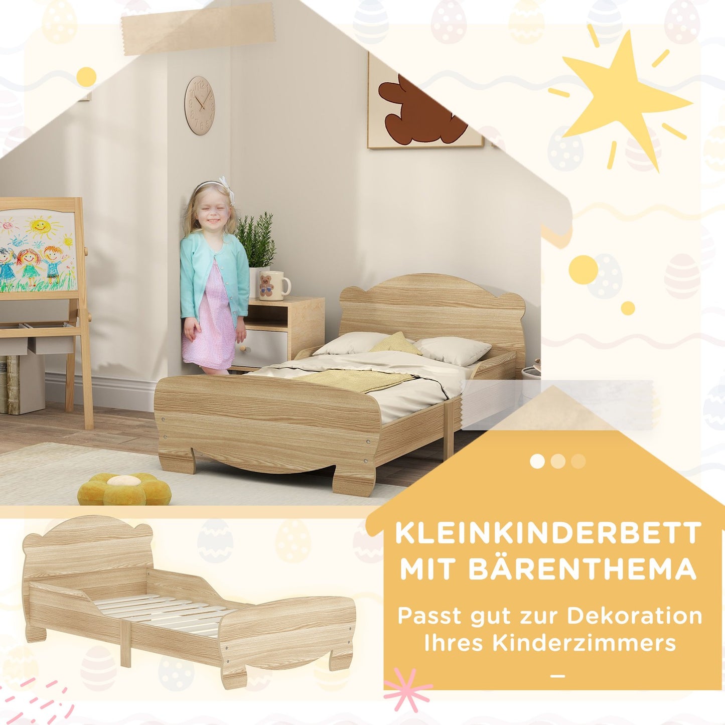 Solid Wood House Bed - Children's bed with guard rail, Bear Design