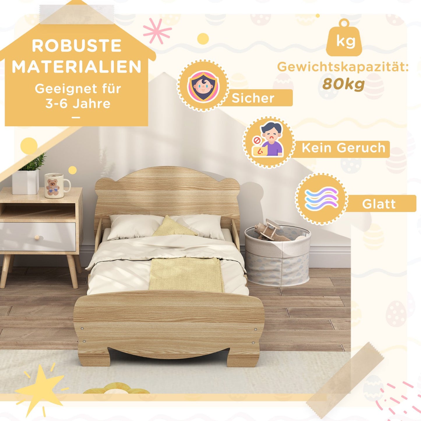 Solid Wood House Bed - Children's bed with guard rail, Bear Design