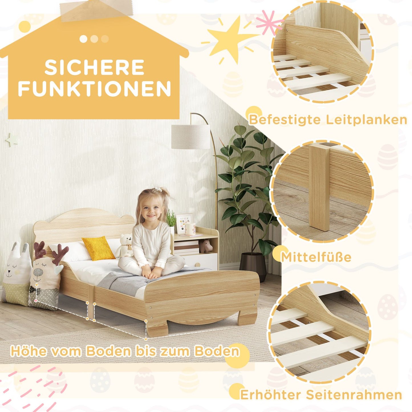 Solid Wood House Bed - Children's bed with guard rail, Bear Design