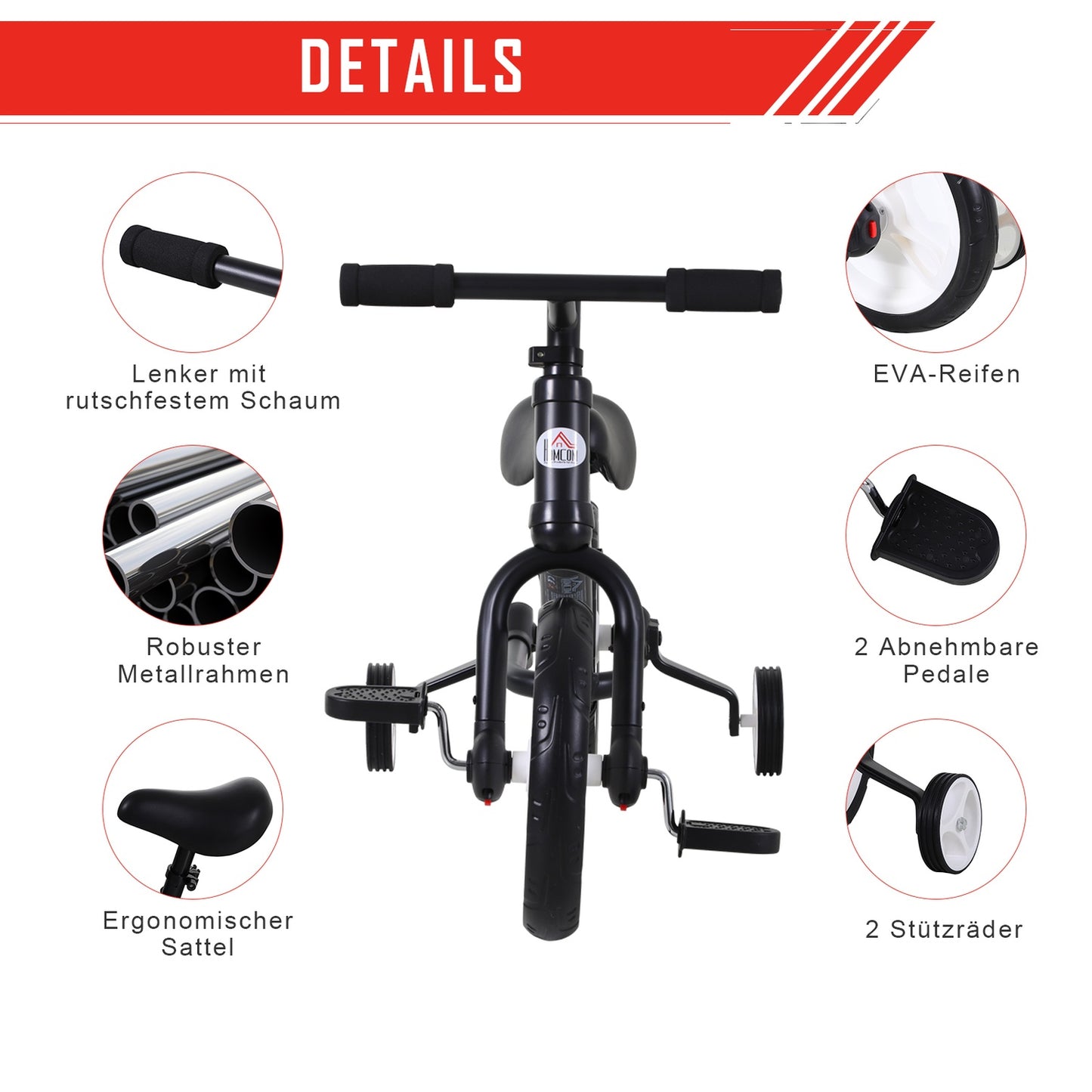 Balance bike for children with training wheels, adjustable seat