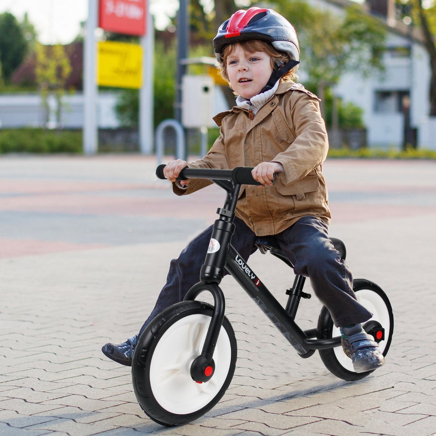 Balance bike for children with training wheels, adjustable seat