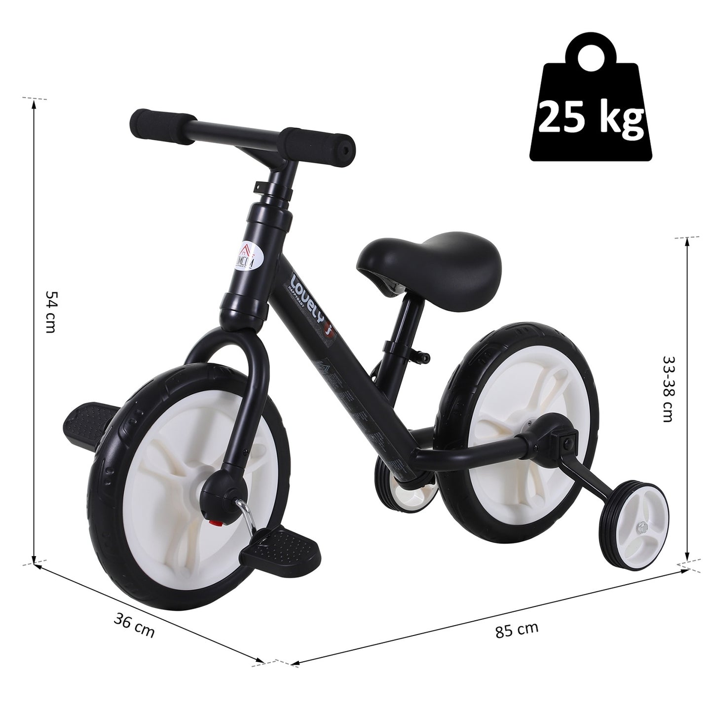 Balance bike for children with training wheels, adjustable seat