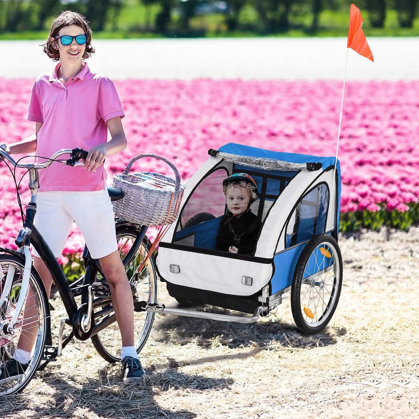 Bicycle stroller in steel frame for children, 2-seater with safety belt