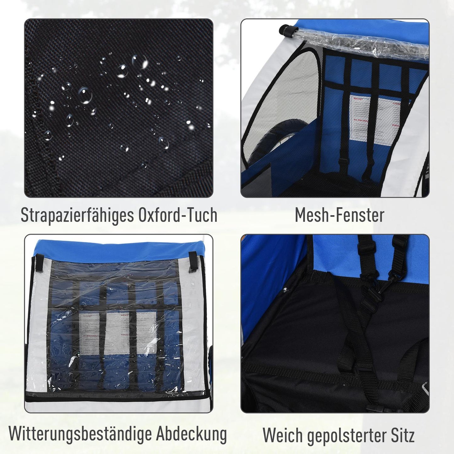 Bicycle stroller in steel frame for children, 2-seater with safety belt