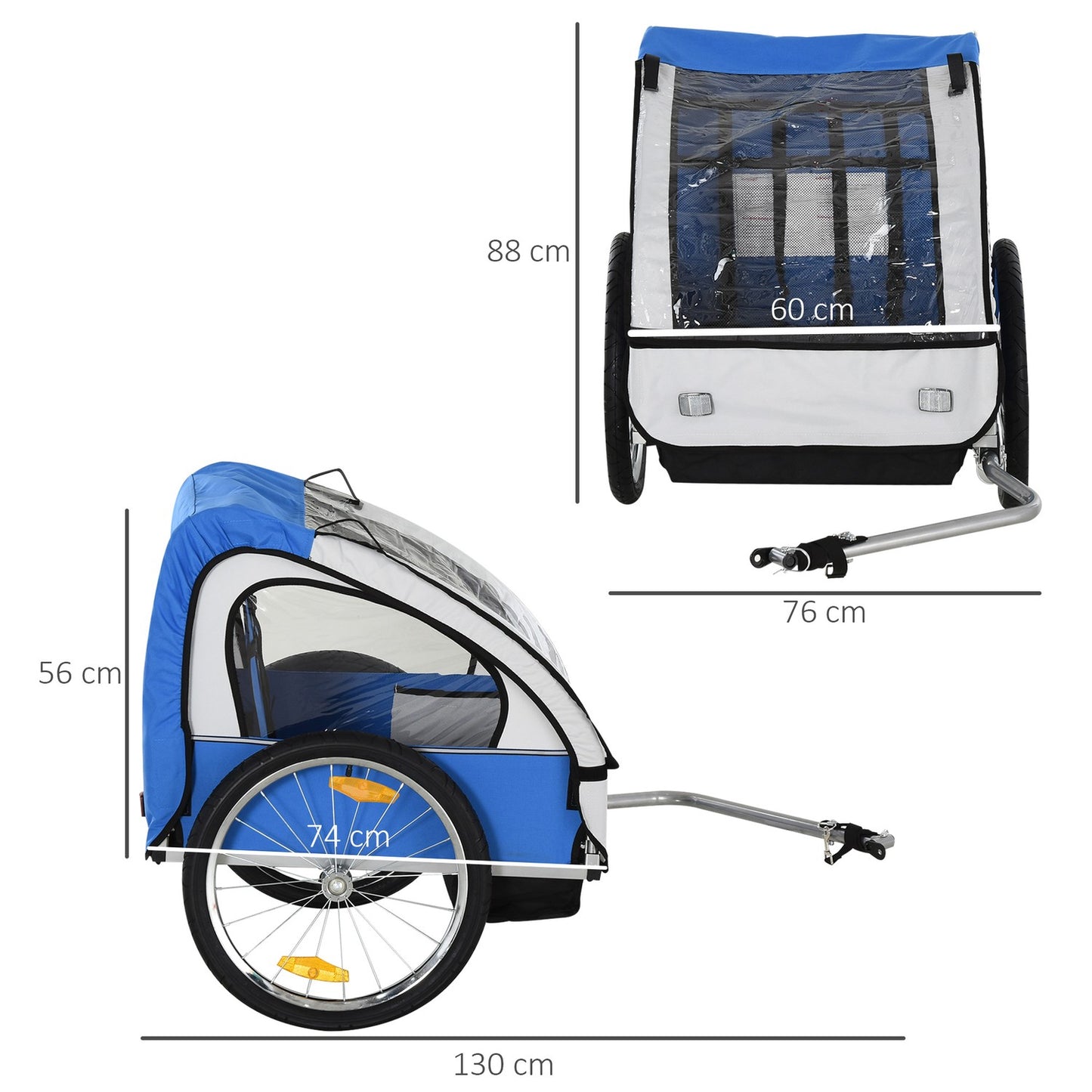Bicycle stroller in steel frame for children, 2-seater with safety belt