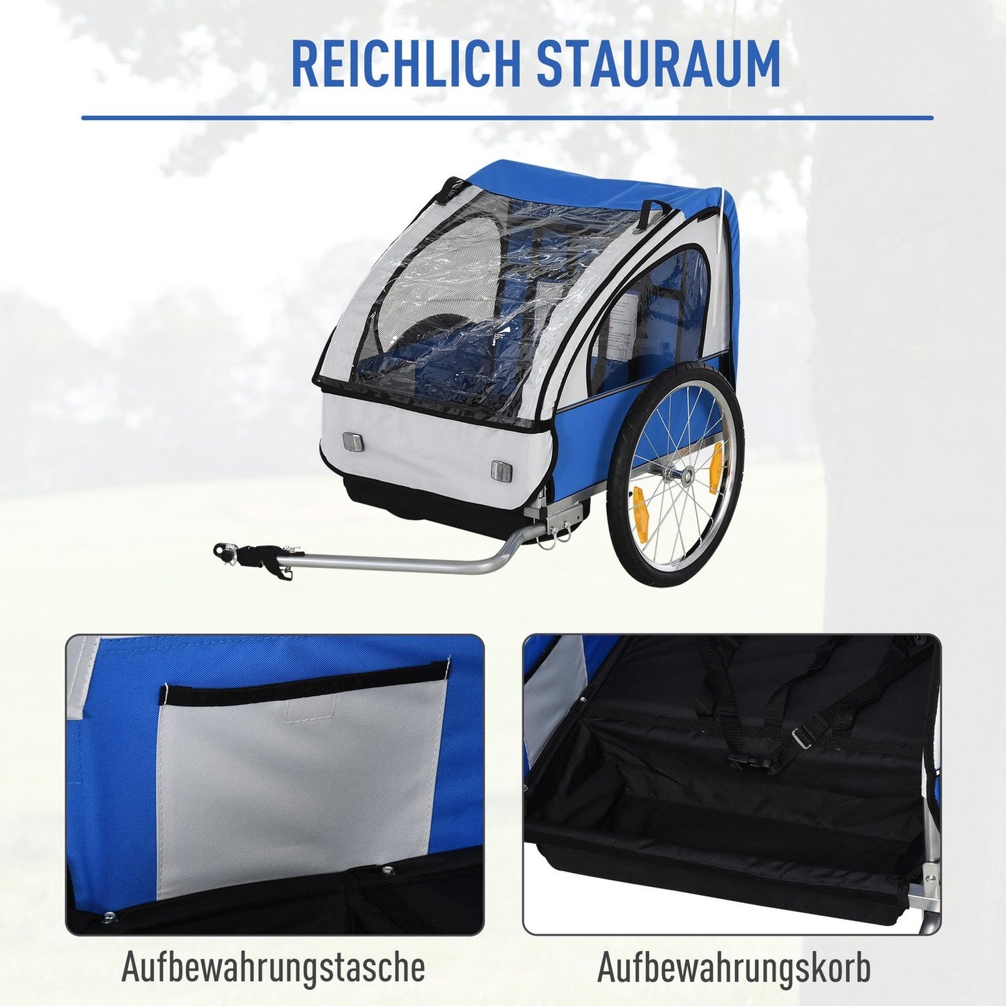 Bicycle stroller in steel frame for children, 2-seater with safety belt