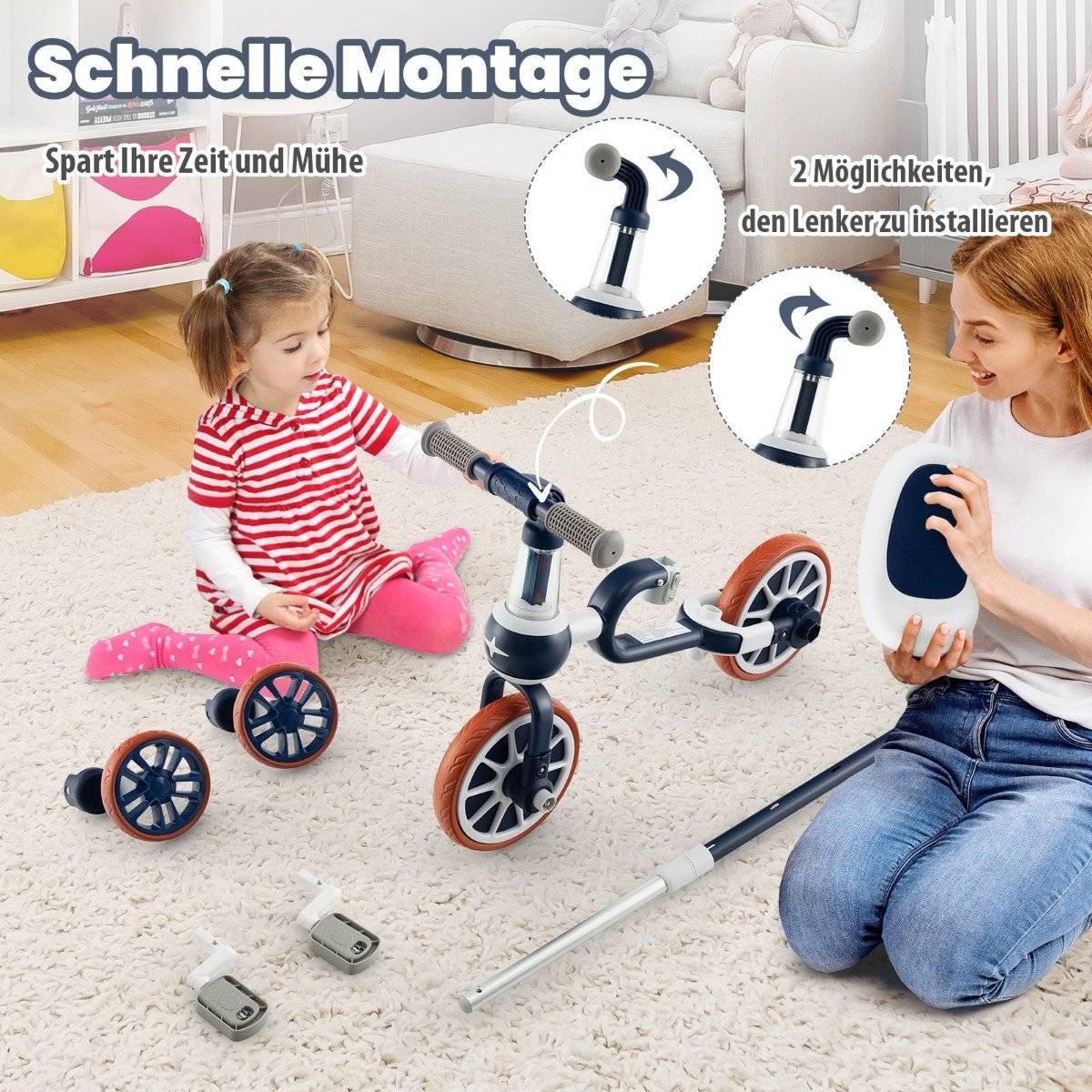 Children's bike 4-in-1 preschool bike with parent push handle 37 x 72 x 101 cm navy