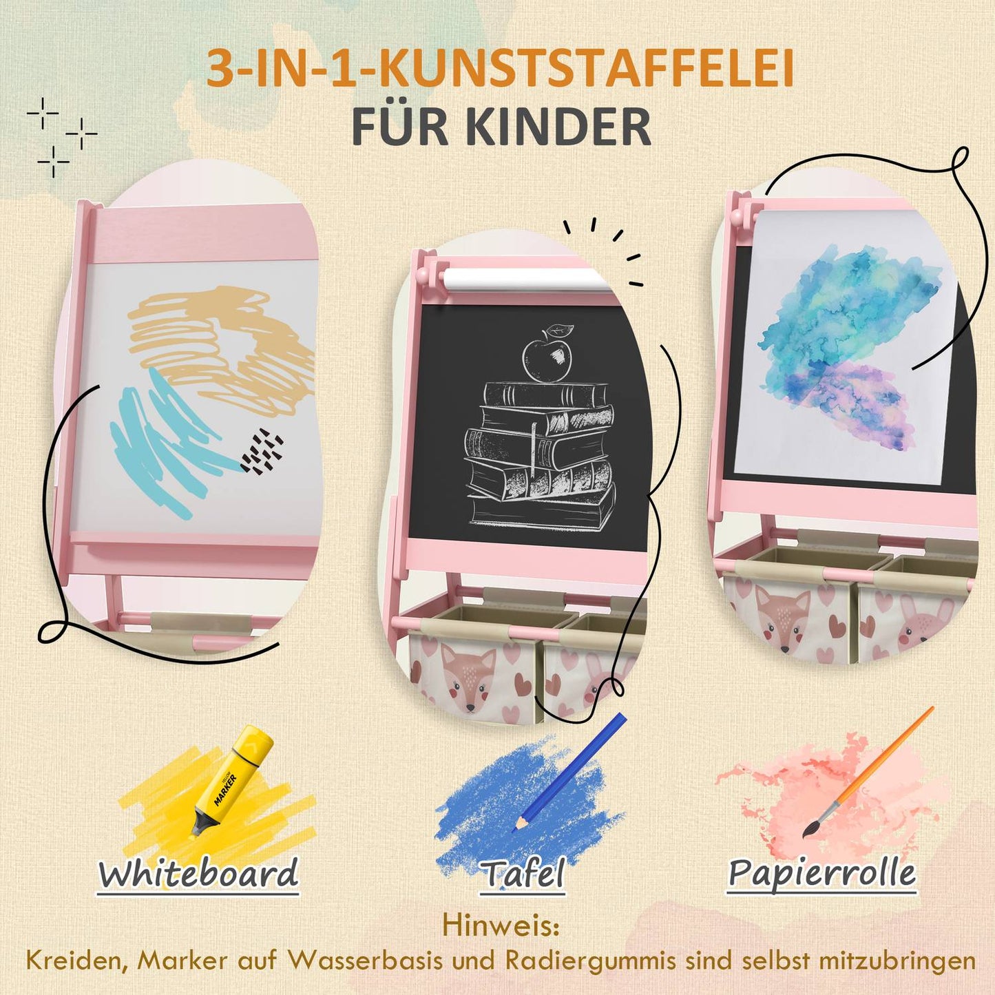 Children's 3-in-1 easel, pink, whiteboard and paper roll