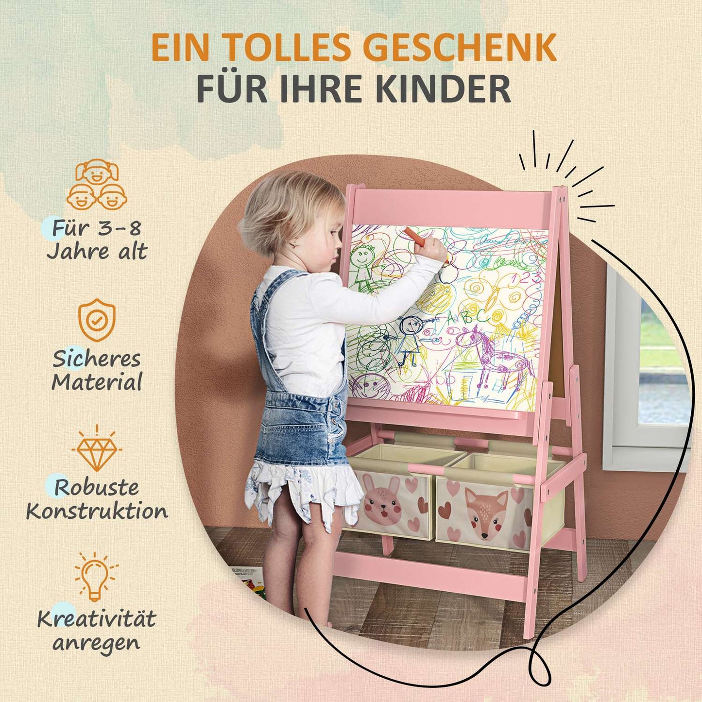 Children's 3-in-1 easel, pink, whiteboard and paper roll