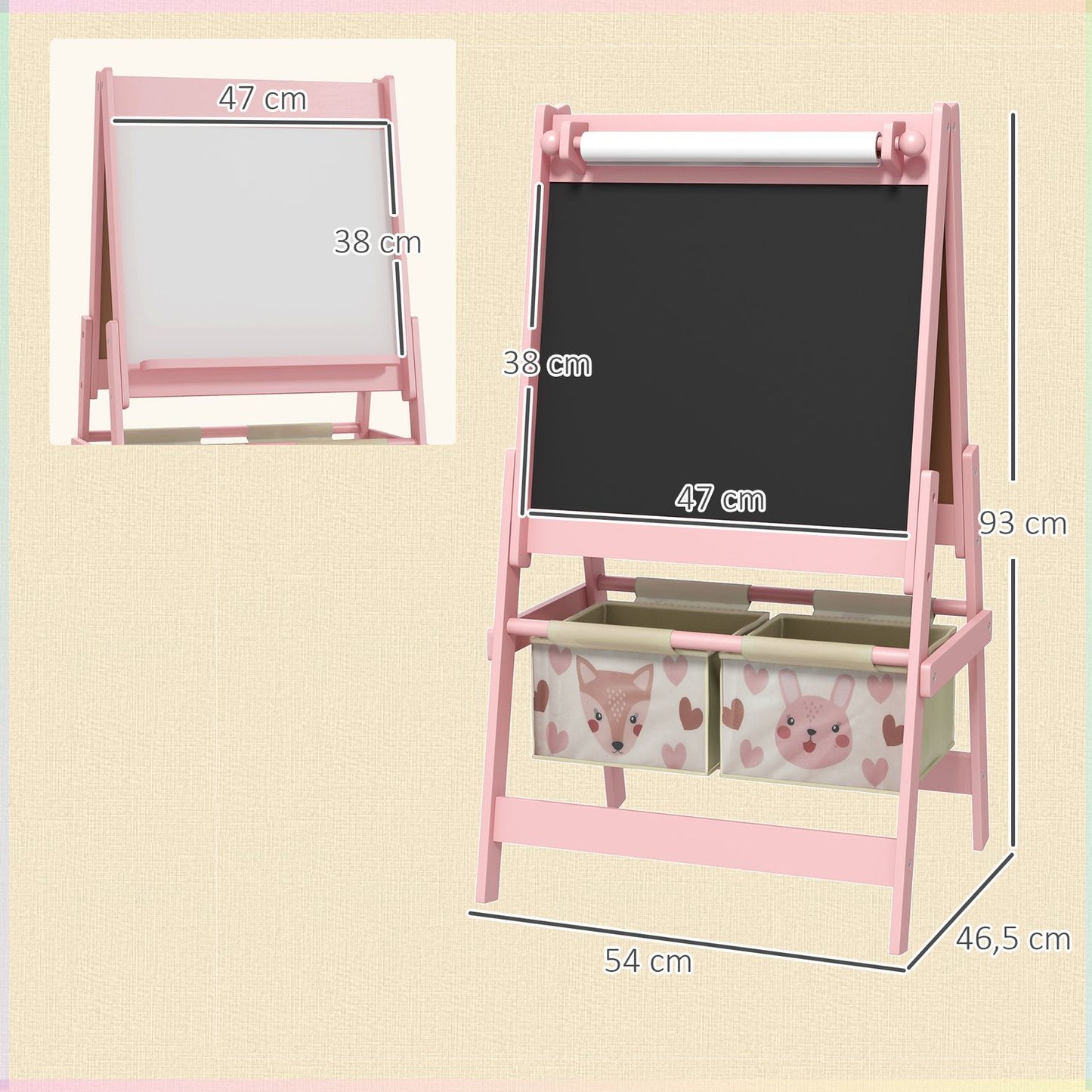 Children's 3-in-1 easel, pink, whiteboard and paper roll