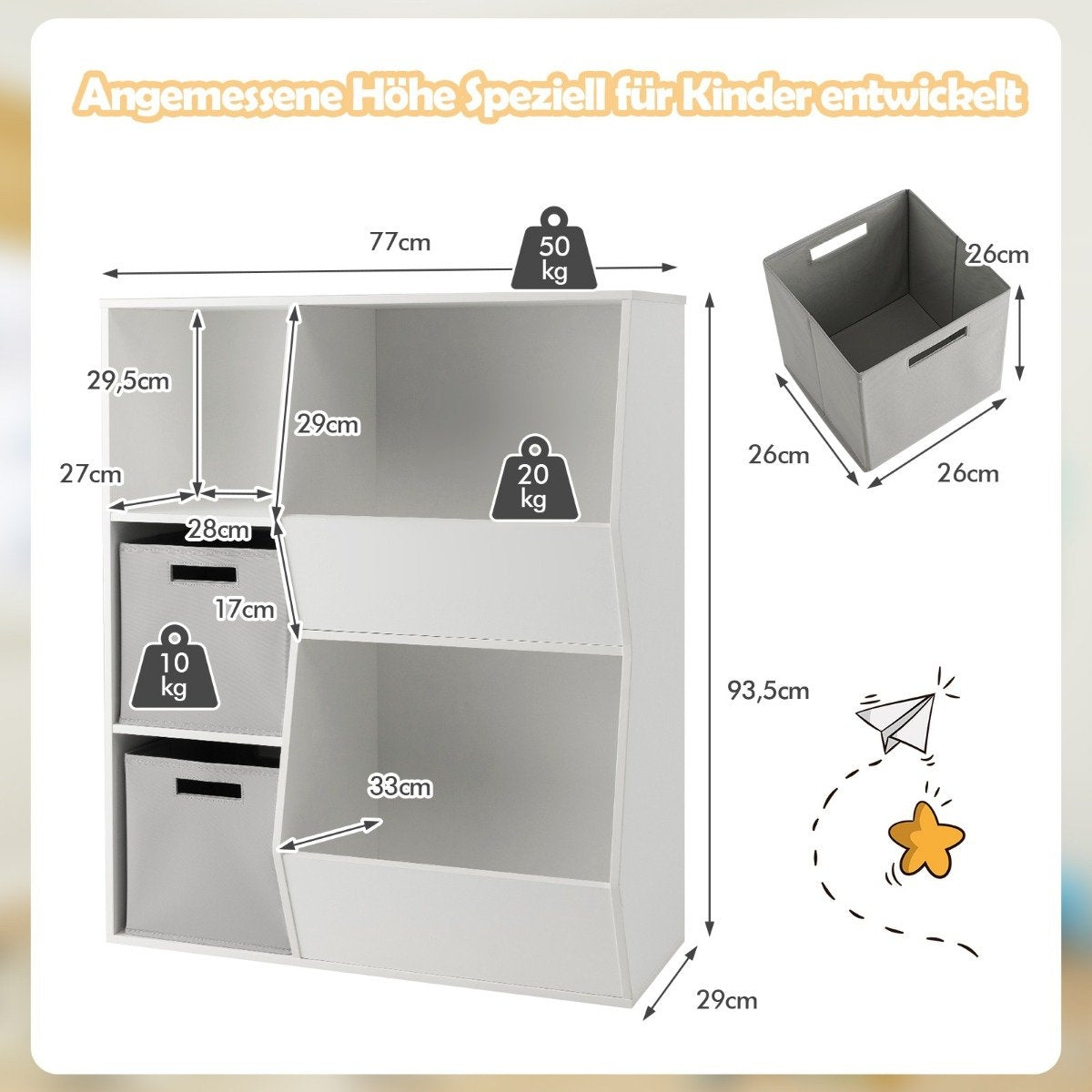 Children's bookcase 3-tier children's shelf with 2 boxes and 5 compartments 77 x 29 x 94 cm white + gray