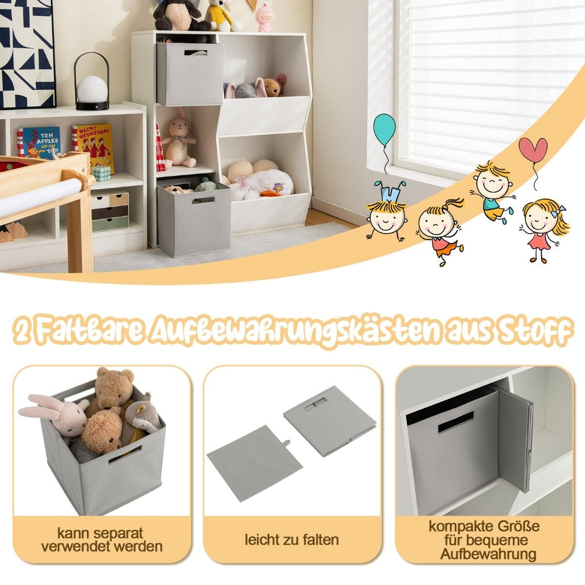 Children's bookcase 3-tier children's shelf with 2 boxes and 5 compartments 77 x 29 x 94 cm white + gray
