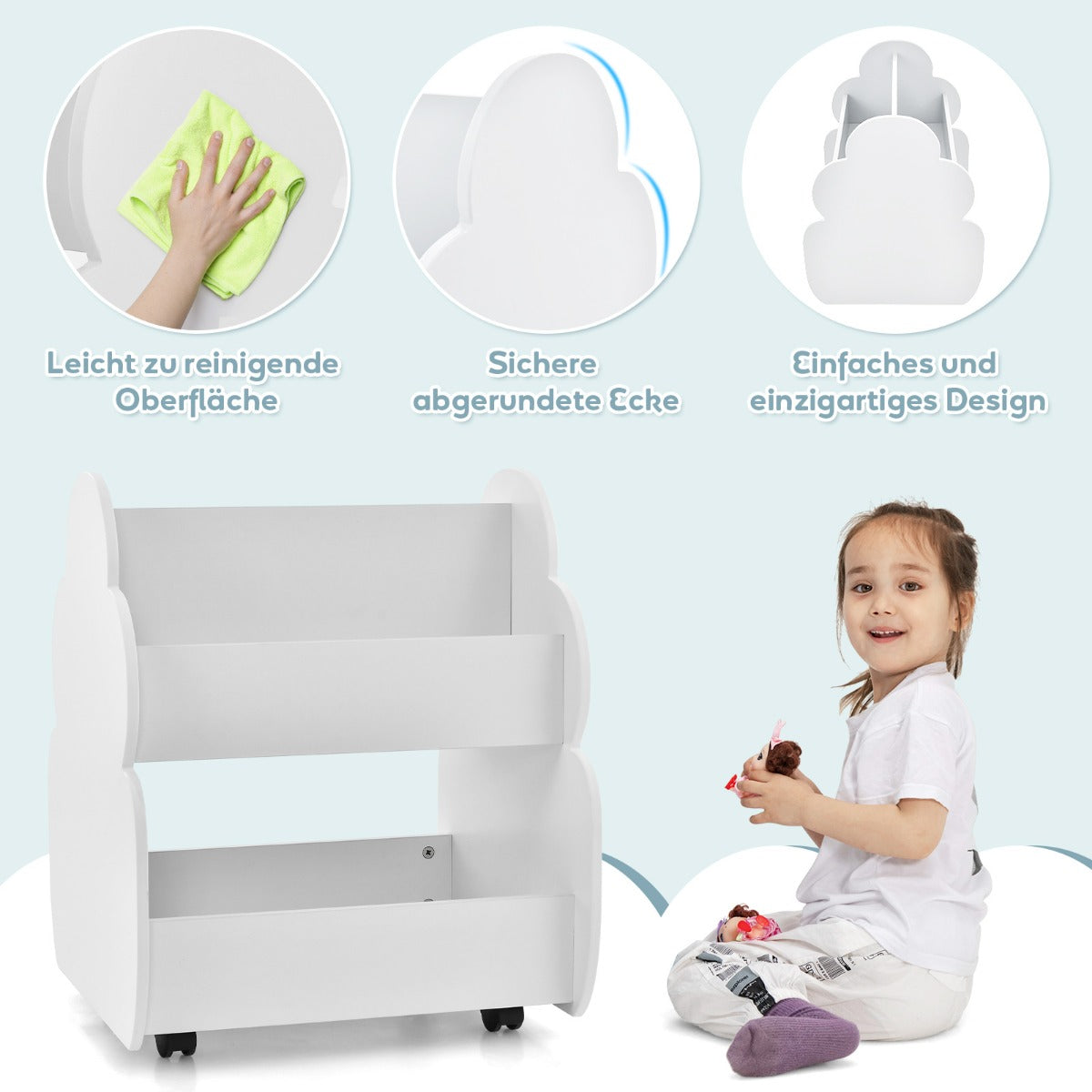 Children's bookcase on wheels Children's shelf with spacious storage space 52 x 47 x 63 cm White