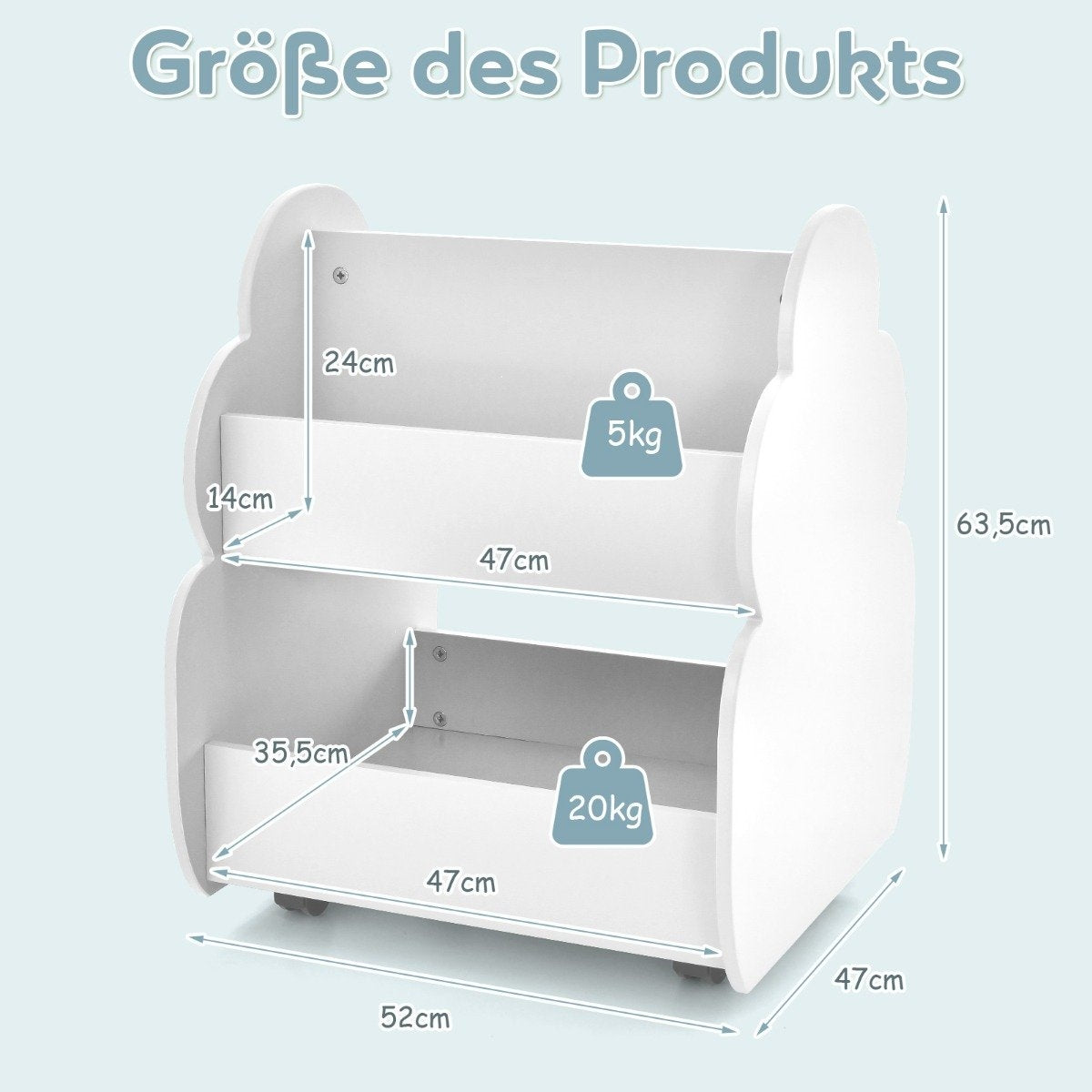 Children's bookcase on wheels Children's shelf with spacious storage space 52 x 47 x 63 cm White