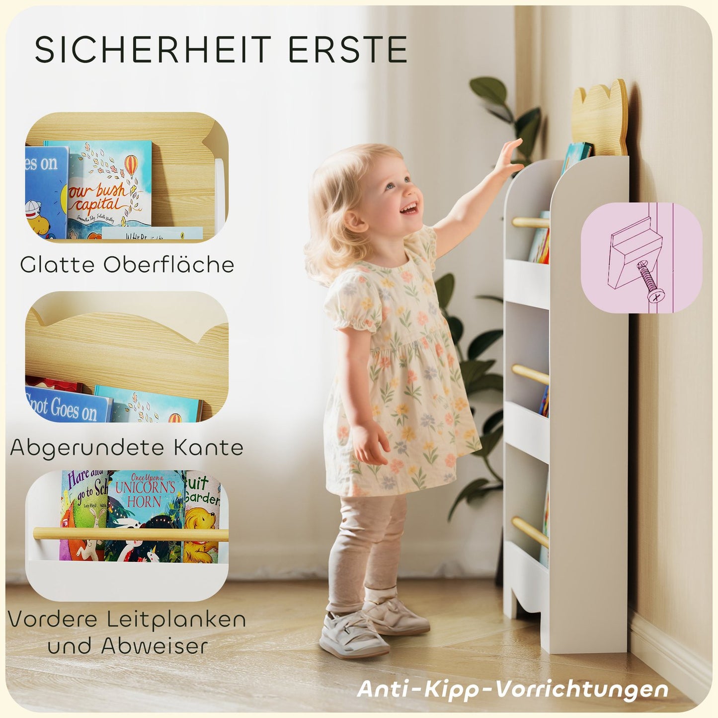 Children's Wooden Bookshelf, 3 Shelves, White, 55x15x110 cm