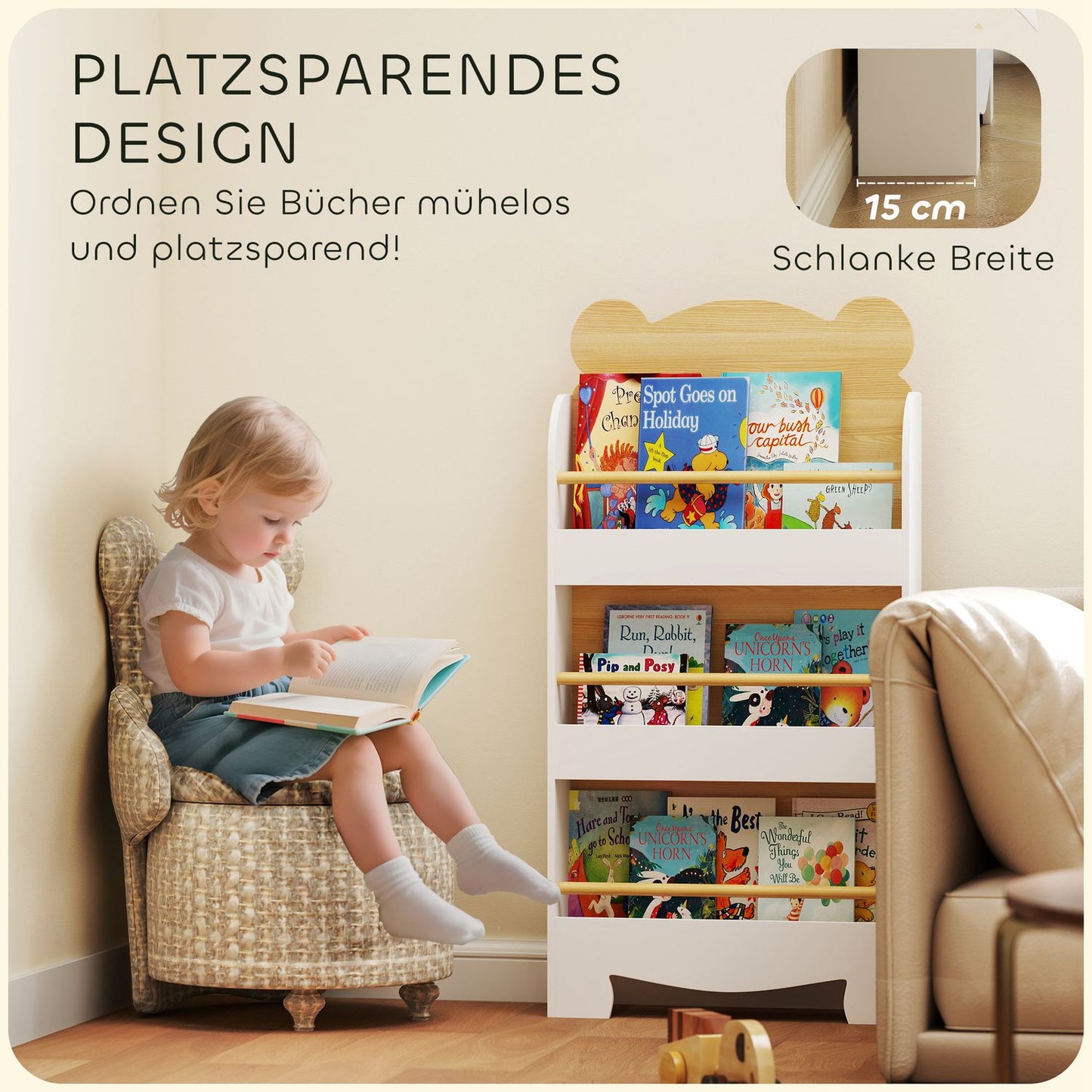 Children's Wooden Bookshelf, 3 Shelves, White, 55x15x110 cm
