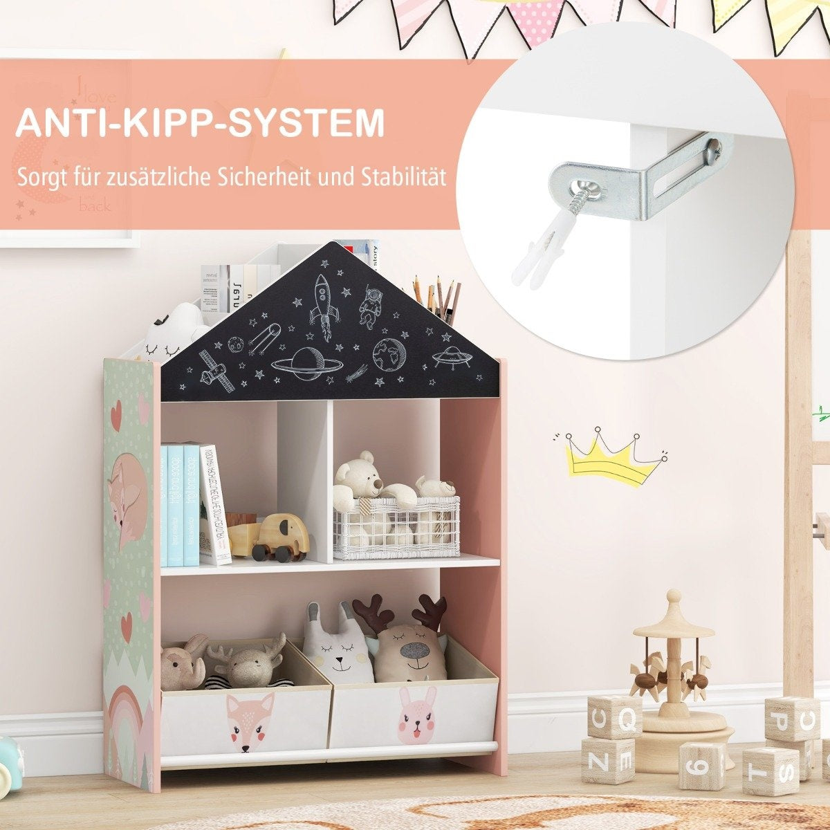 Children's bookcase with blackboard &amp; 2 boxes &amp; 6 compartments Children's shelf Children's room shelf Pink