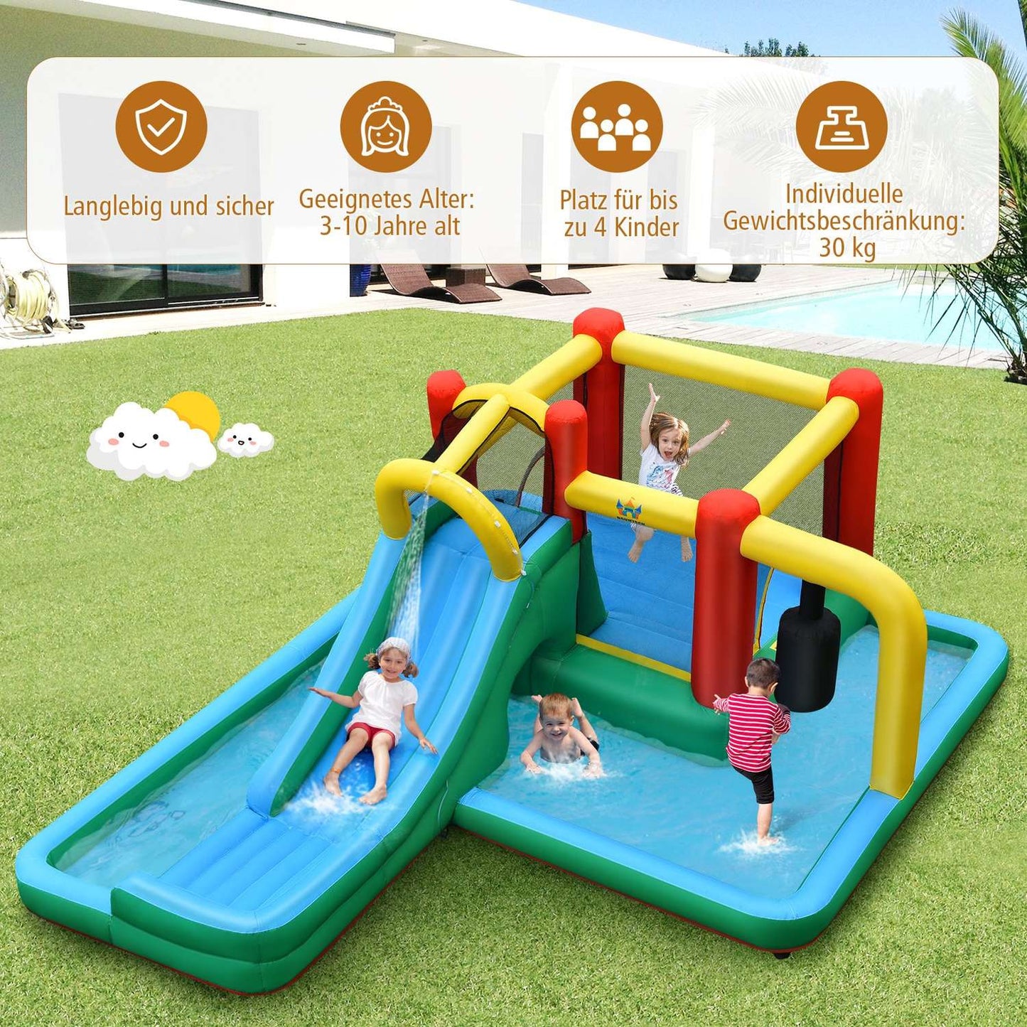 Children's bouncy castle with slide, inflatable water slide, play pool, 470 x 370 x 190 cm, colorful