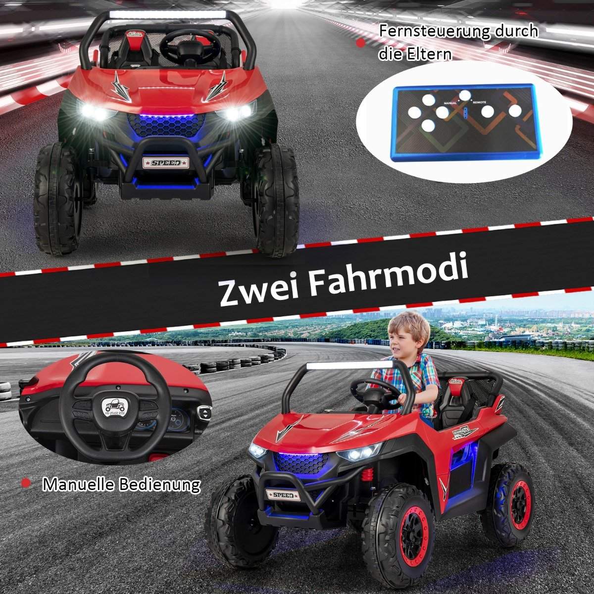 Children's car, mobile off-road vehicle with 2 seats and remote control, 118 x 74 x 71 cm, red