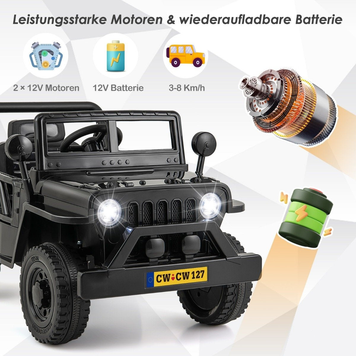 Children's car with 12 V battery electric vehicle with remote control 3 speeds black 102.5 x 64 x 59.5 cm