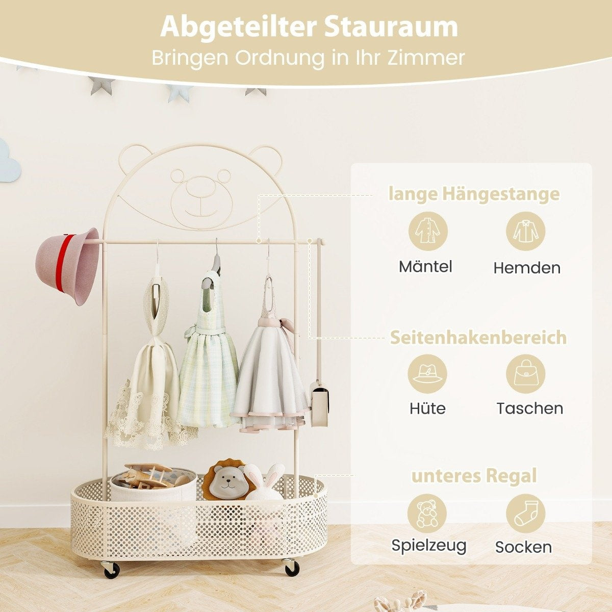 Children's clothes rack height adjustable from 130cm/150cm/182cm coat stand on wheels white