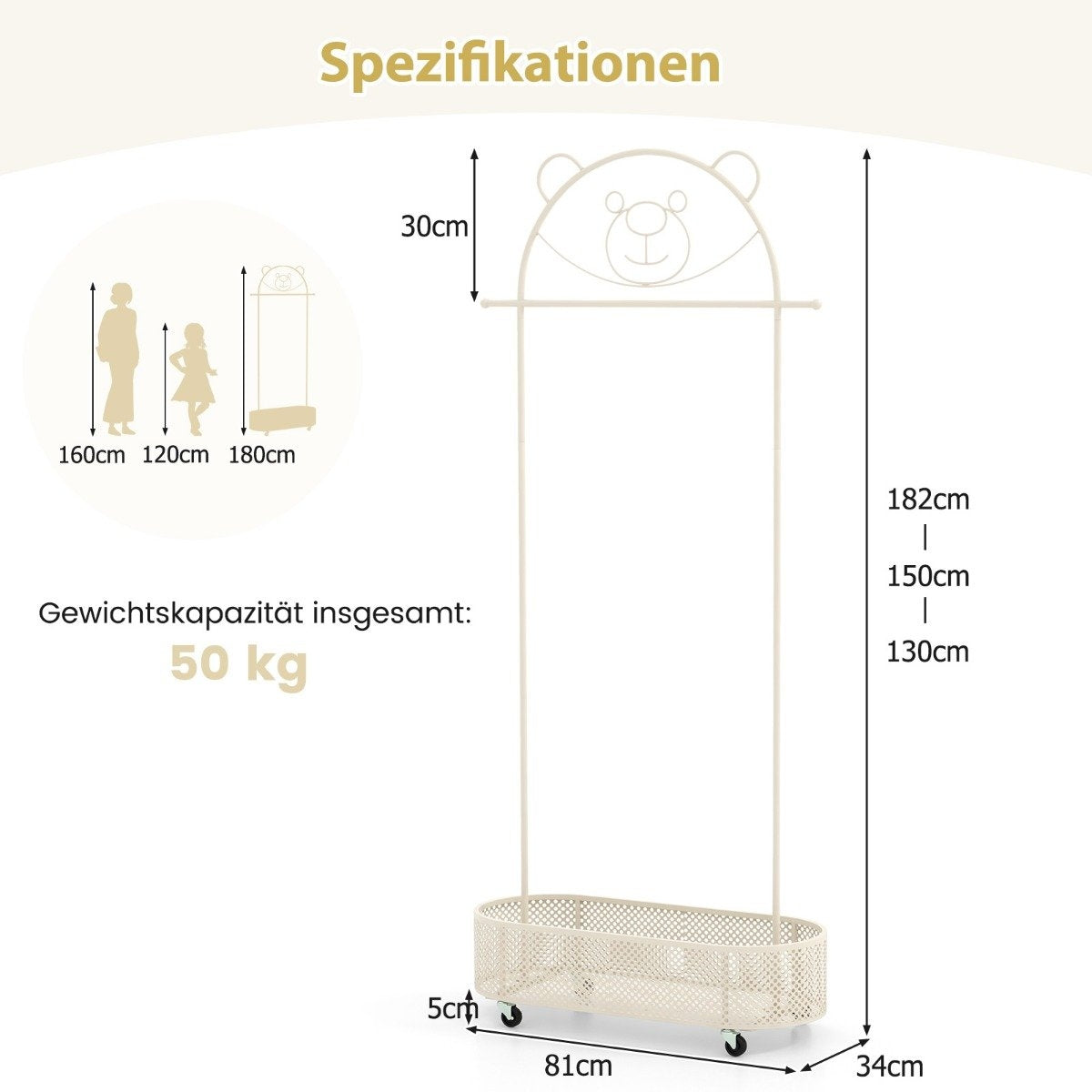 Children's clothes rack height adjustable from 130cm/150cm/182cm coat stand on wheels white