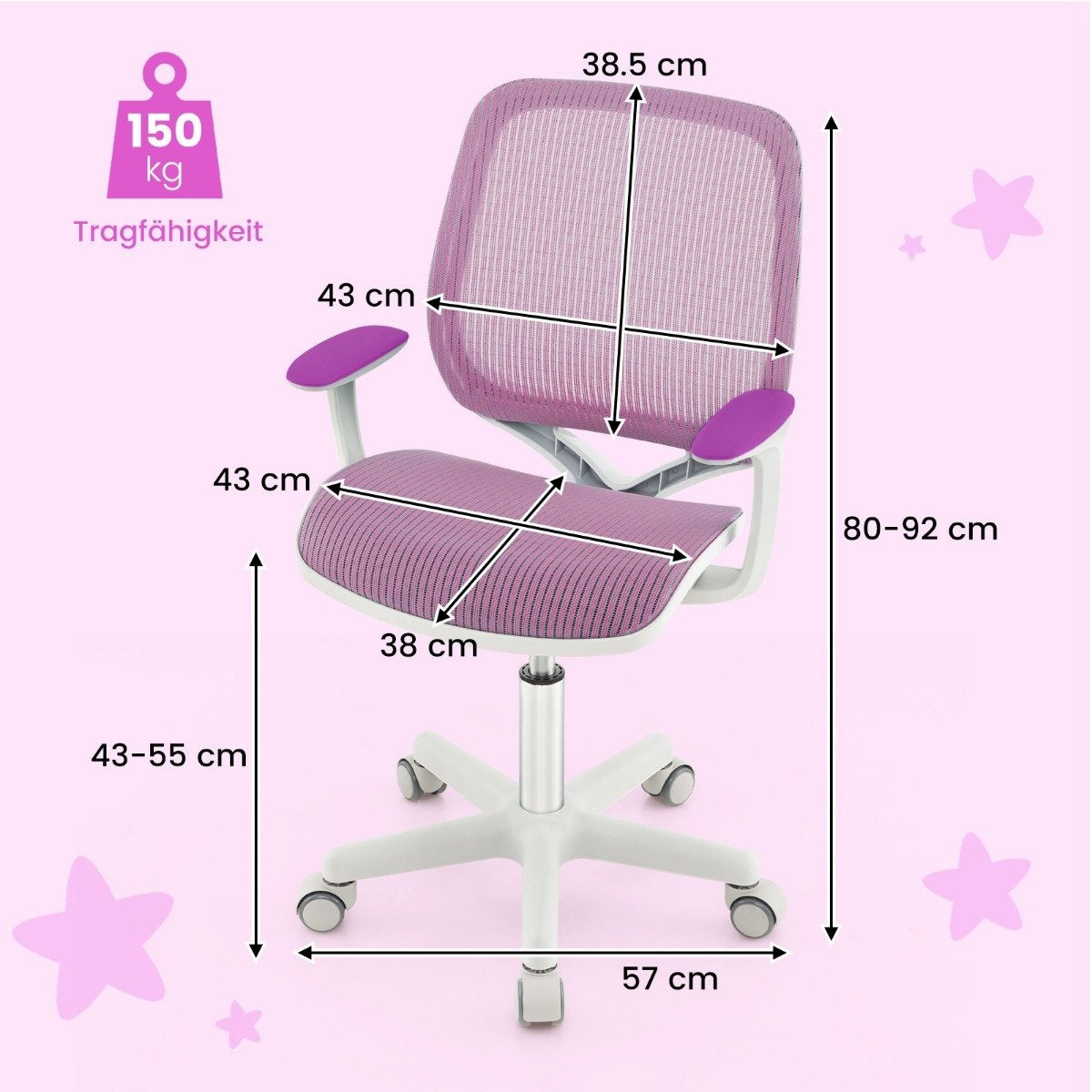 Children's desk chair 360° rotatable seat height 43-55cm height adjustable purple