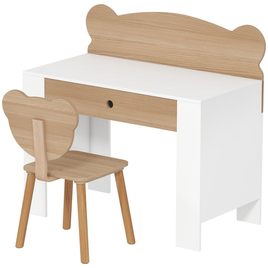 Children's desk set, bear-shaped work table and chair with drawer, for writing and crafting, 3-8 years, natural wood