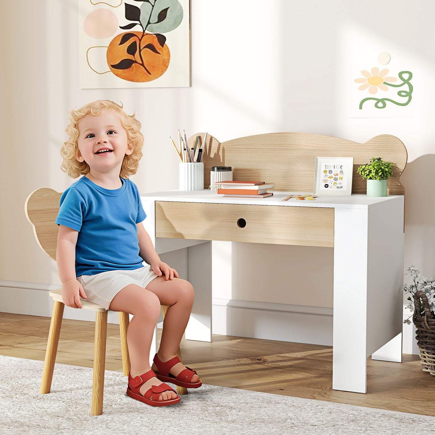 Children's desk set, bear-shaped work table and chair with drawer, for writing and crafting, 3-8 years, natural wood