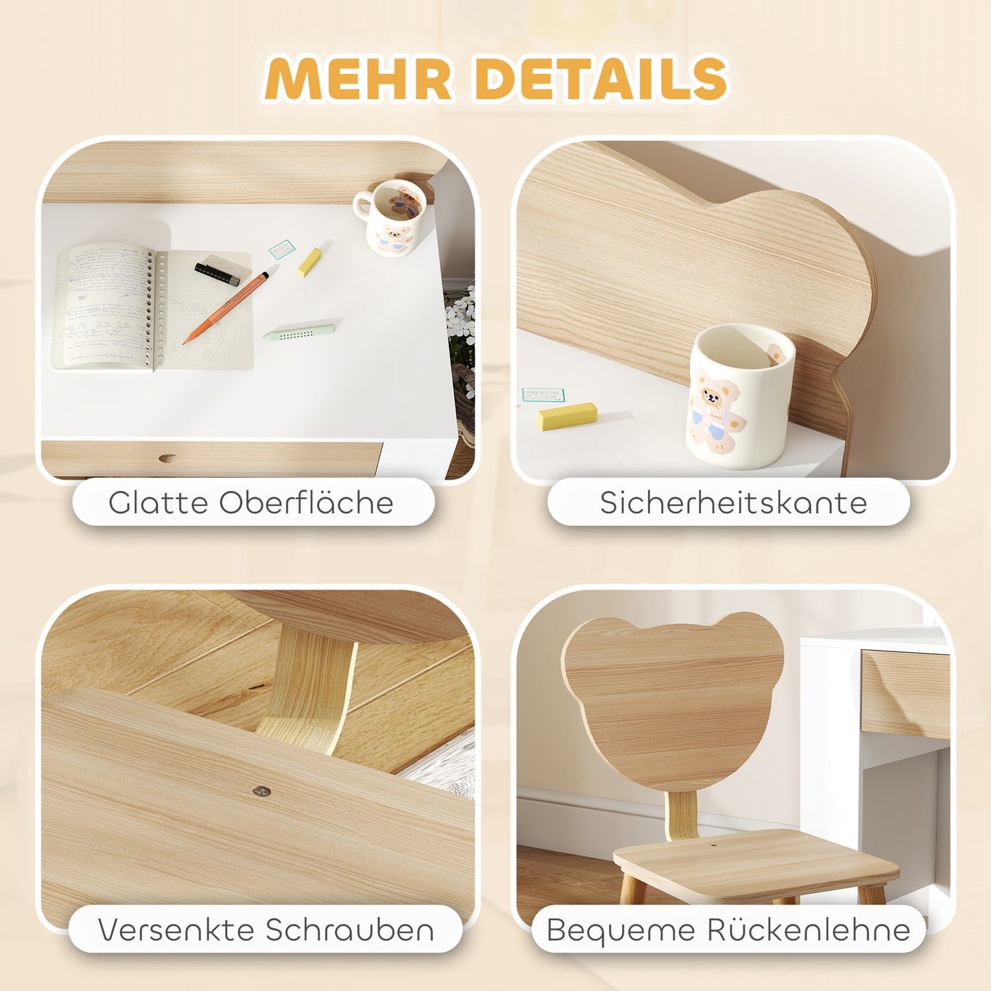 Children's desk set, bear-shaped work table and chair with drawer, for writing and crafting, 3-8 years, natural wood