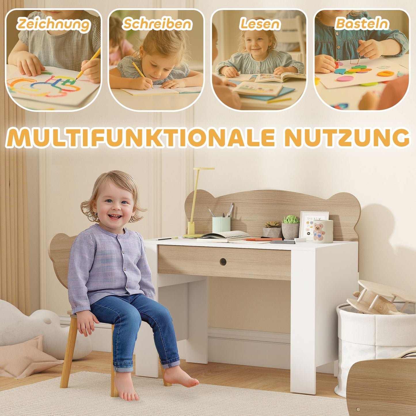 Children's desk set, bear-shaped work table and chair with drawer, for writing and crafting, 3-8 years, natural wood
