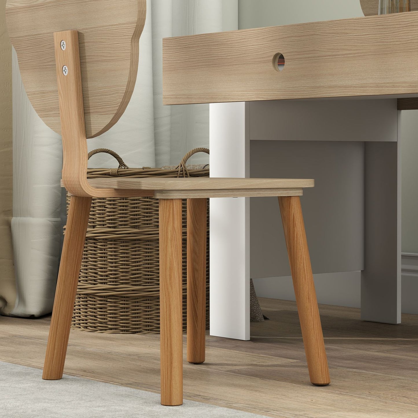 Children's desk set, bear-shaped work table and chair with drawer, for writing and crafting, 3-8 years, natural wood