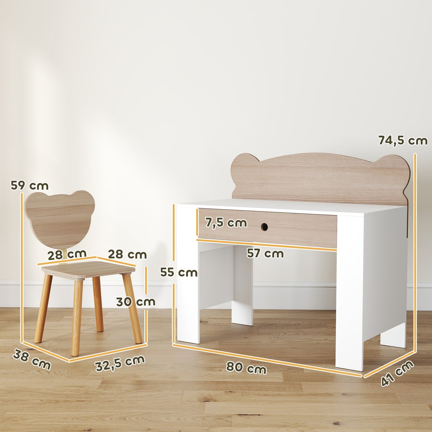 Children's desk set, bear-shaped work table and chair with drawer, for writing and crafting, 3-8 years, natural wood