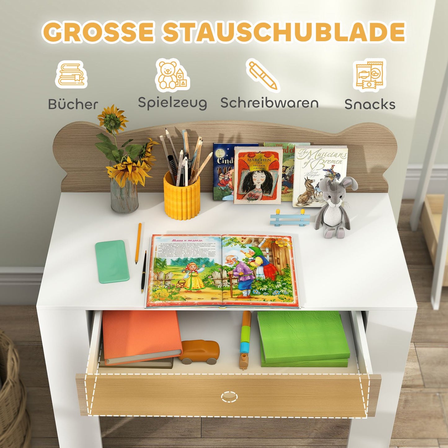 Children's desk set, bear-shaped work table and chair with drawer, for writing and crafting, 3-8 years, natural wood